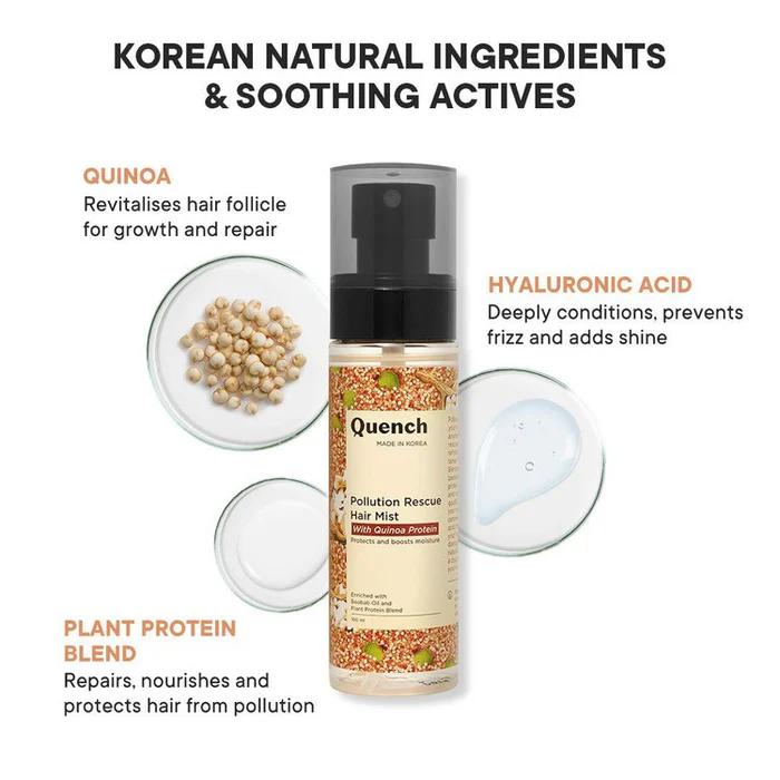 Quench Pollution Rescue Hair Mist With Quinoa Protein & Ceramides | Smoothes Frizz, Tames Flyaways & Repairs Hair Damage | Adds Shine | Made In Korea (100Ml) - Image 5