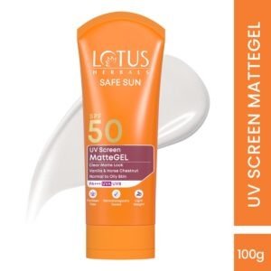 Lotus Herbals Sunscreen for Women & Men | Safe Sun UV Screen Matte Gel Sunscreen SPF 50 & PA+++ | UVA & UVB Protection | Comfrey, Vanilla, Horse Chestnut Extract | No White Cast | Normal to Oily Skin | 100g