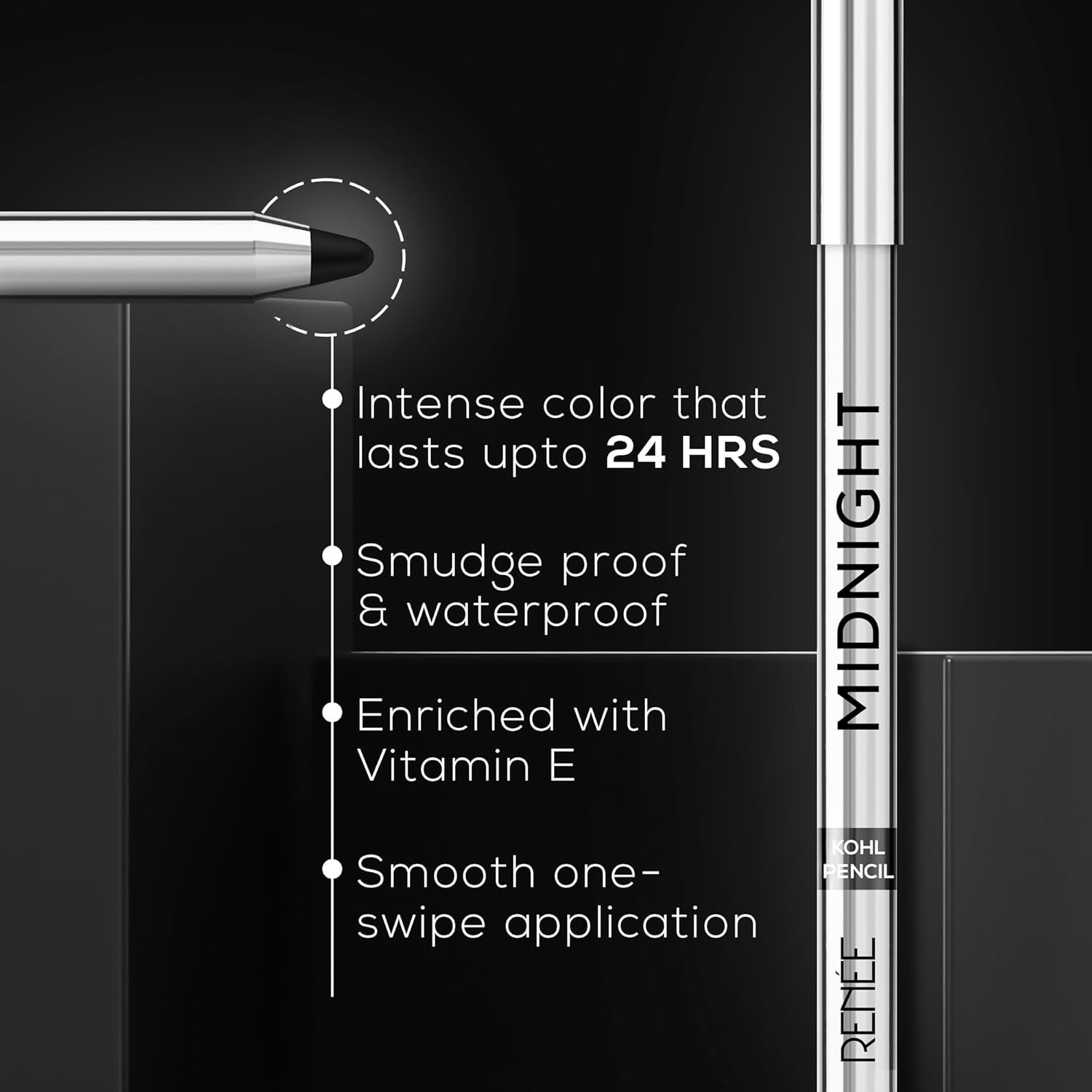RENEE Midnight Kohl Kajal Pencil | Waterproof, Smudgeproof With Sharpener | 24 Hours Long Stay | Darkest Black | One Swipe Application | Vitamin E, Olive Oil and Castor Oil | Matte Finish |1.5 Gm - Image 5