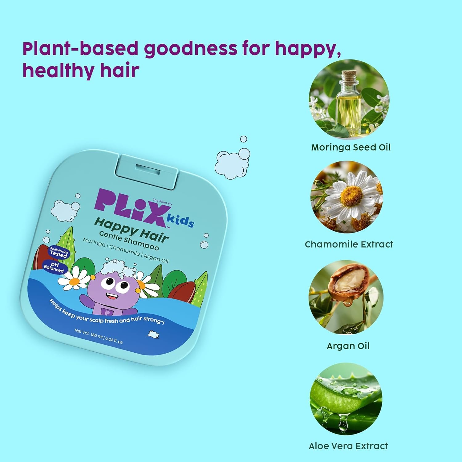 PLIX Kids Happy Hair Gentle Shampoo for 2+ Years Kids | Clinically Tested for Gentle Care | Moringa Seed Oil, Chamomile, Argan Oil, Aloe Vera | No Parabens or Sulfates | 180 ml - Image 2